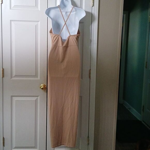 Tan nude color spaghetti cross over straps pleated front dress Sz XL EUC - Picture 5 of 8
